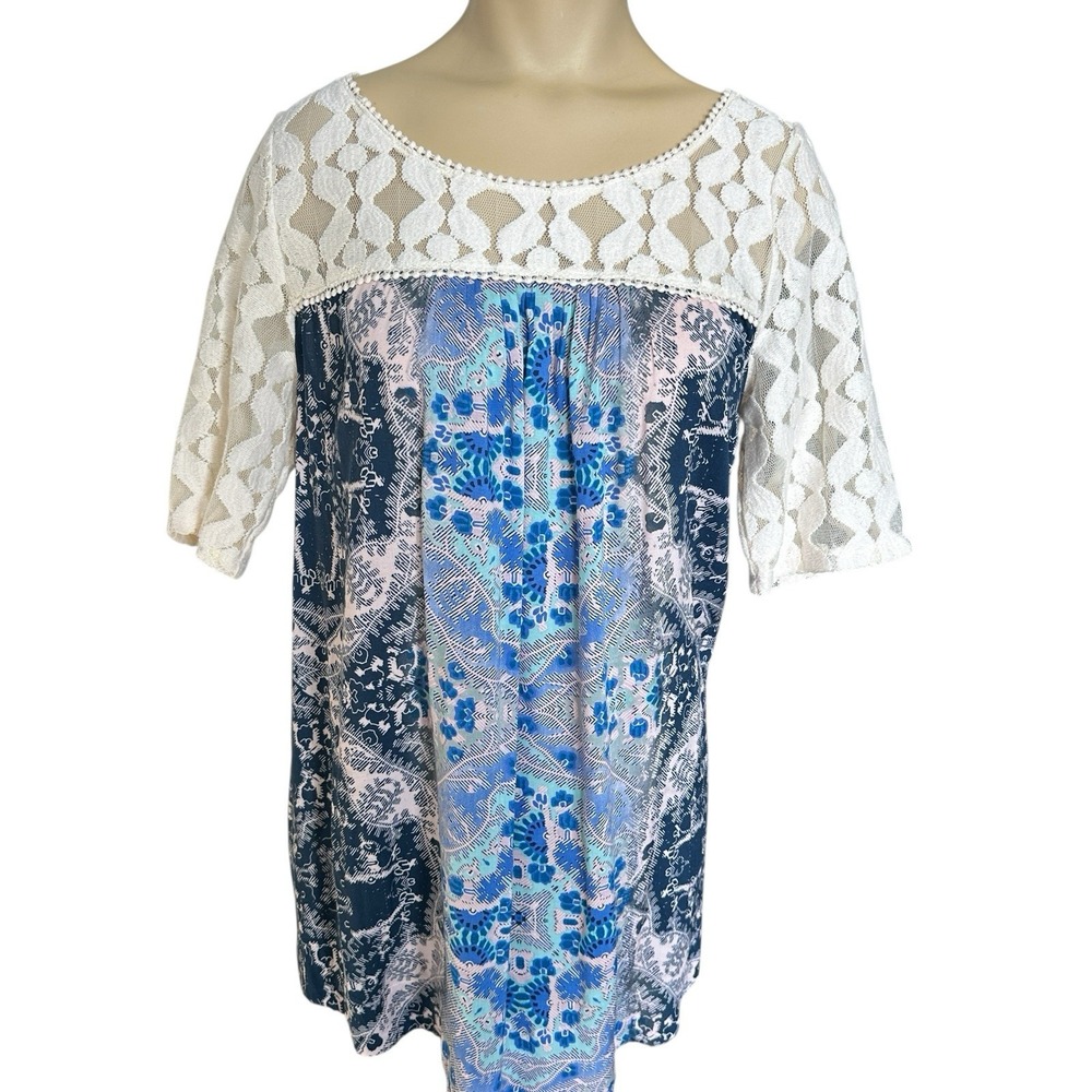 Anthropologie Akemi Kin Shirt Blouse Lace Women Mediumβ Floral Cream Blue Boho